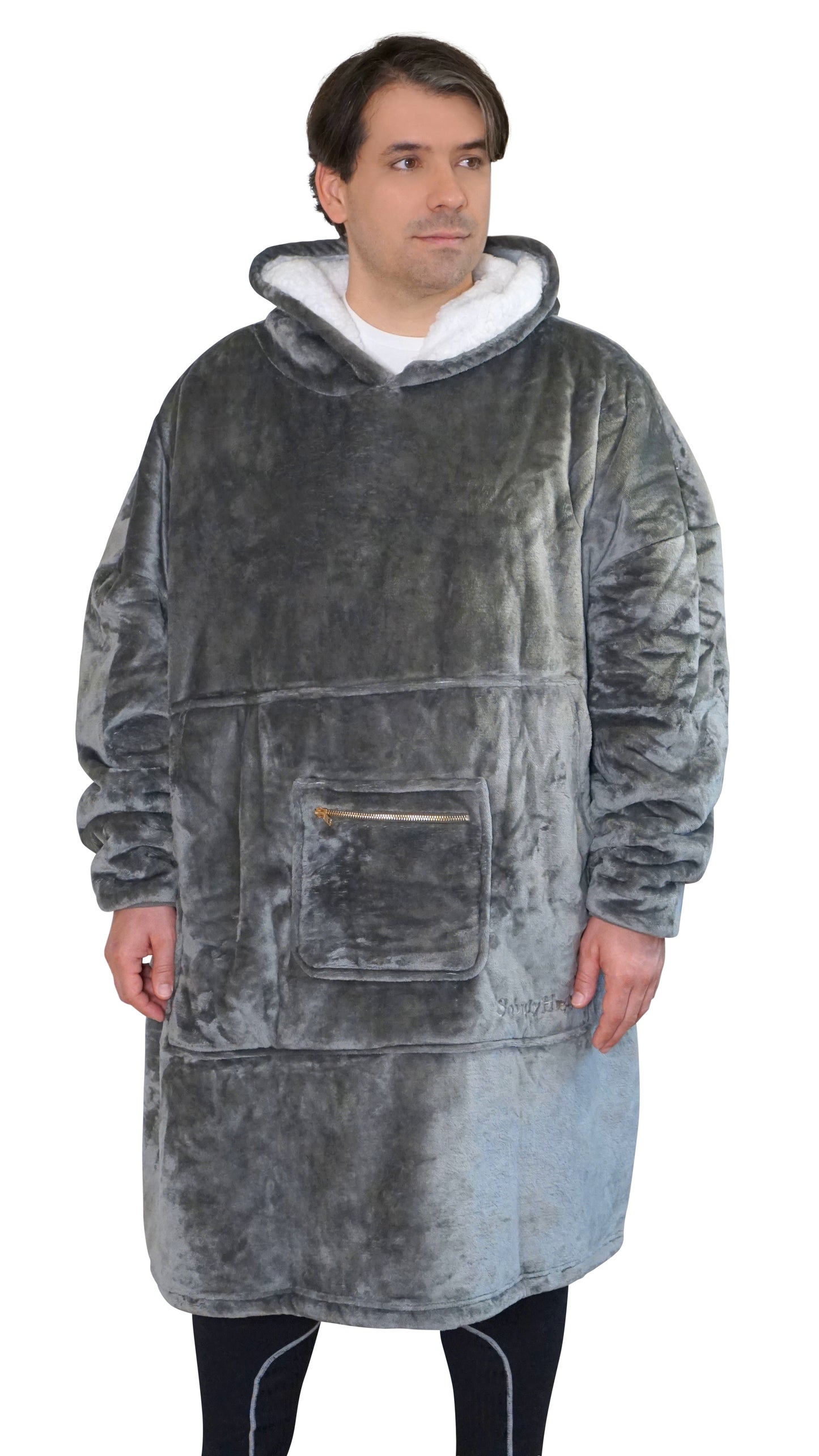 Moonlight Grey Wearable Hooded Blanket - Super Soft Flannel & Sherpa Fleece with Waterproof Lining & Zippered Pocket