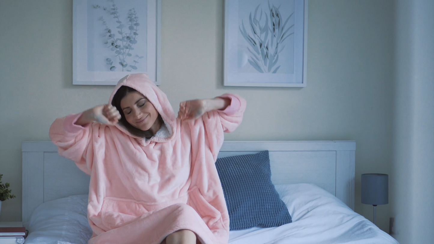 Moonlight Pink Wearable Hooded Blanket - Super Soft Flannel & Sherpa Fleece with Waterproof Lining & Zippered Pocket