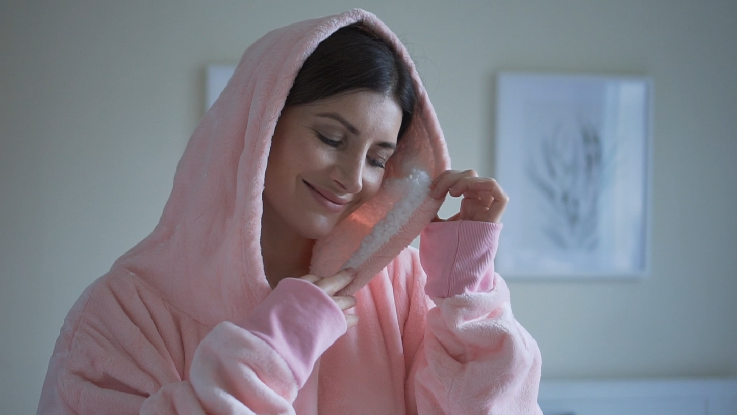 Moonlight Pink Wearable Hooded Blanket - Super Soft Flannel & Sherpa Fleece with Waterproof Lining & Zippered Pocket