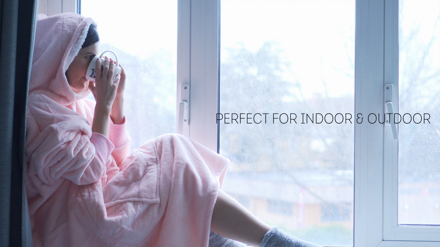 Moonlight Pink Wearable Hooded Blanket - Super Soft Flannel & Sherpa Fleece with Waterproof Lining & Zippered Pocket