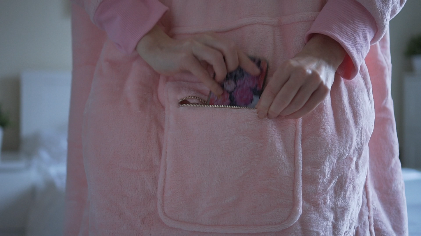 Moonlight Pink Wearable Hooded Blanket - Super Soft Flannel & Sherpa Fleece with Waterproof Lining & Zippered Pocket