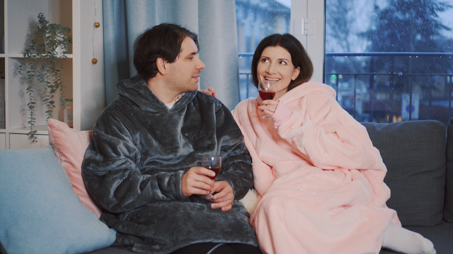 Moonlight Grey Wearable Hooded Blanket - Super Soft Flannel & Sherpa Fleece with Waterproof Lining & Zippered Pocket