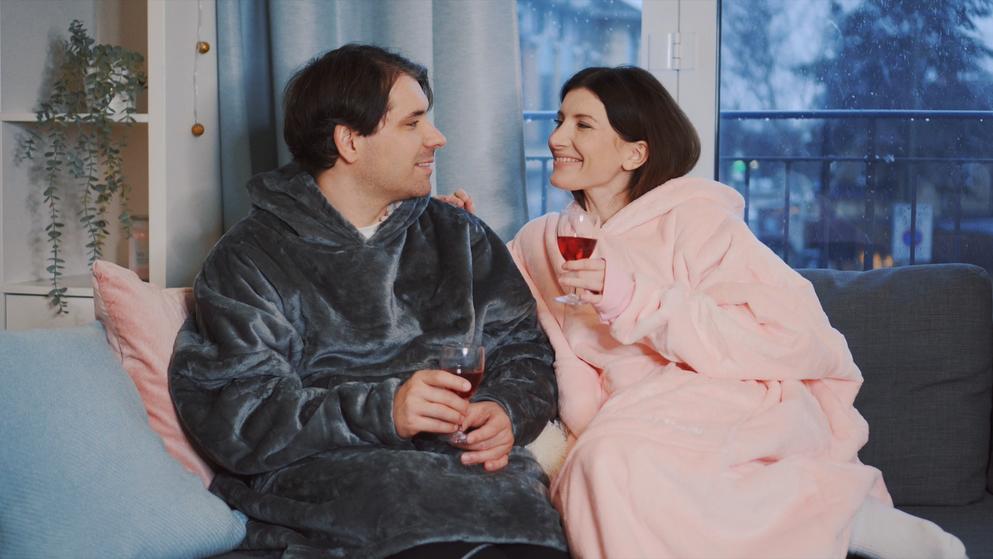 Moonlight Grey Wearable Hooded Blanket - Super Soft Flannel & Sherpa Fleece with Waterproof Lining & Zippered Pocket