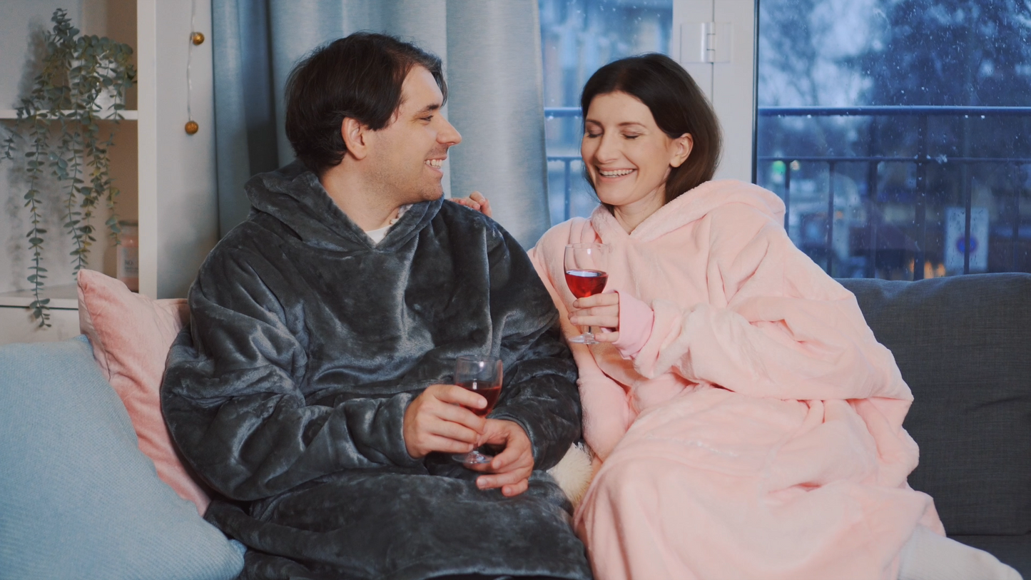 Moonlight Grey Wearable Hooded Blanket - Super Soft Flannel & Sherpa Fleece with Waterproof Lining & Zippered Pocket