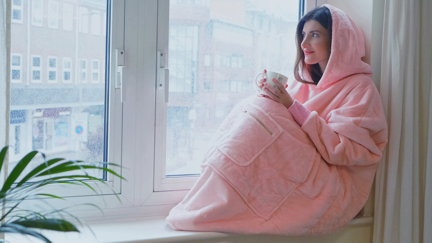 Moonlight Pink Wearable Hooded Blanket - Super Soft Flannel & Sherpa Fleece with Waterproof Lining & Zippered Pocket