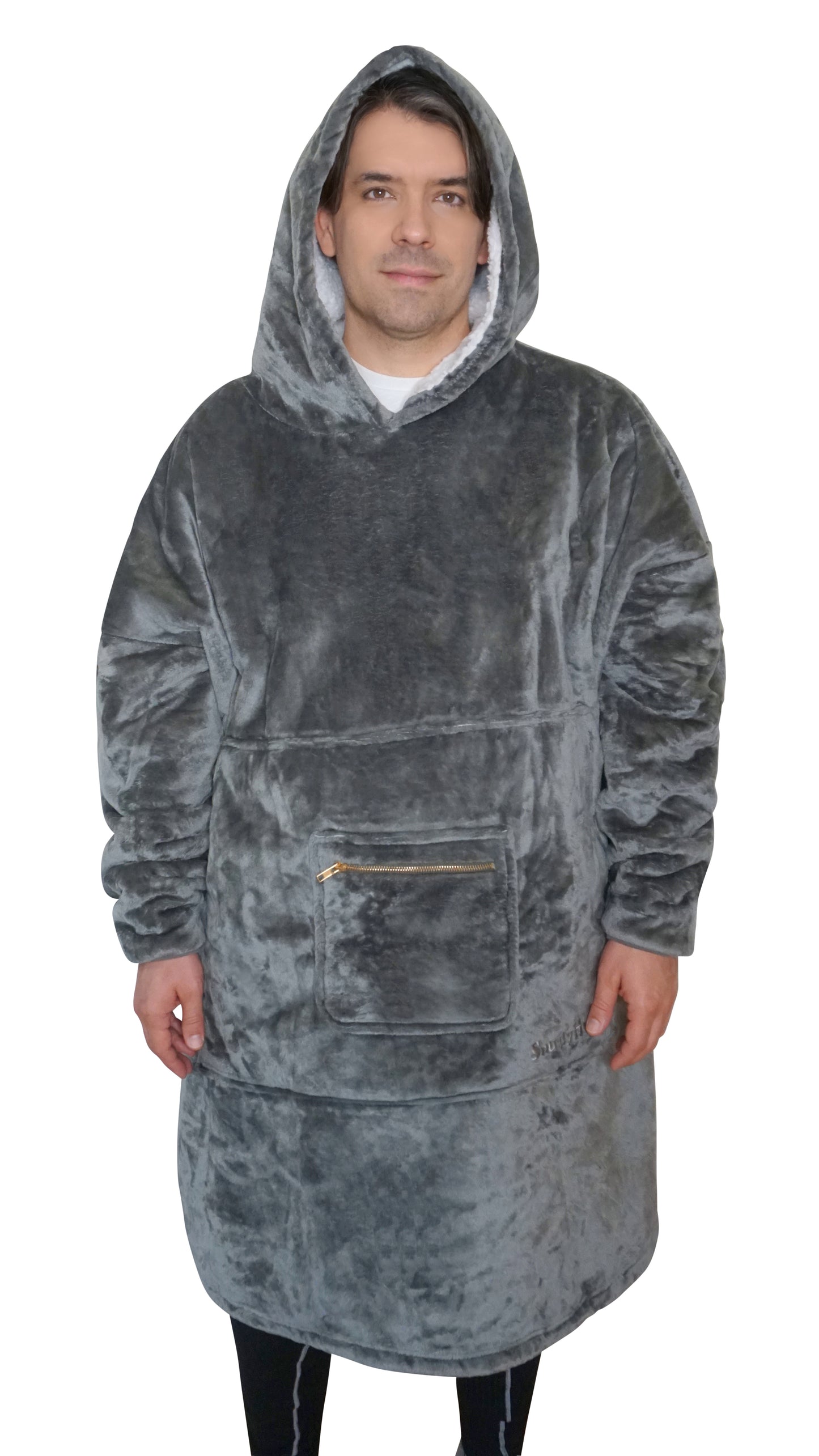 Moonlight Grey Wearable Hooded Blanket - Super Soft Flannel & Sherpa Fleece with Waterproof Lining & Zippered Pocket