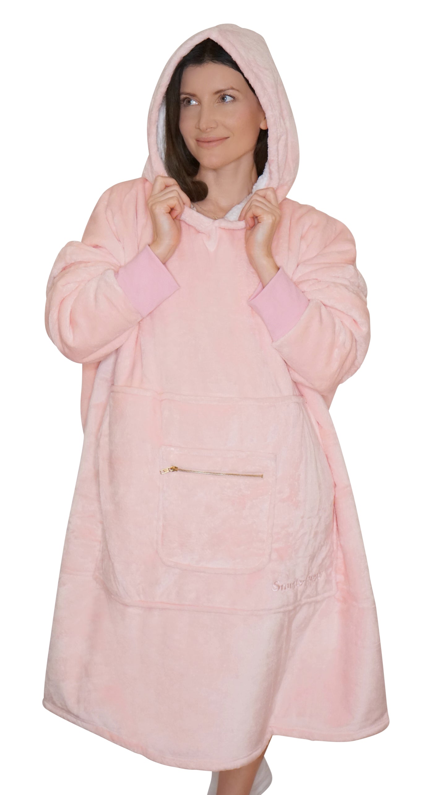 Moonlight Pink Wearable Hooded Blanket - Super Soft Flannel & Sherpa Fleece with Waterproof Lining & Zippered Pocket