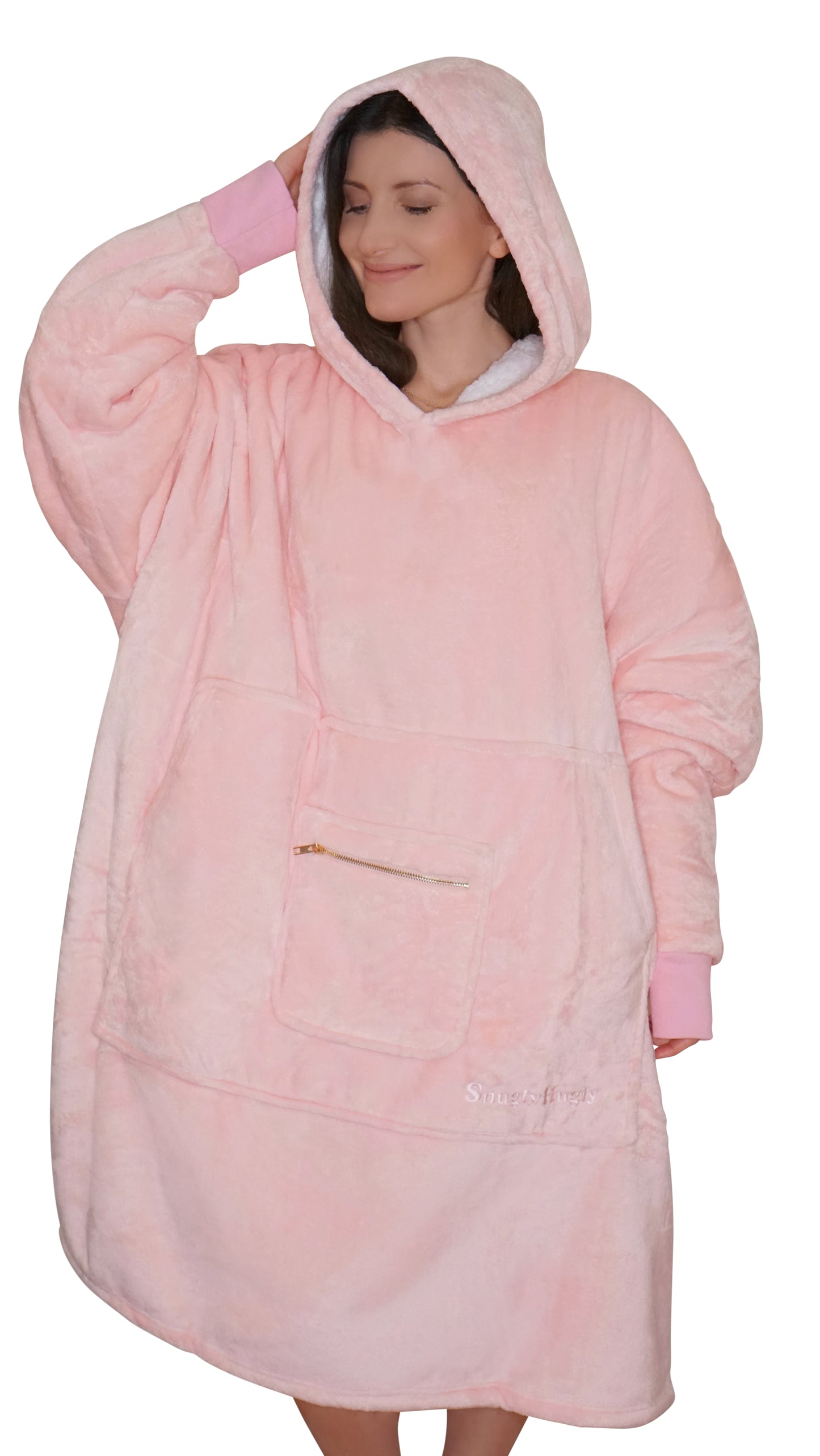 Moonlight Pink Wearable Hooded Blanket - Super Soft Flannel & Sherpa Fleece with Waterproof Lining & Zippered Pocket