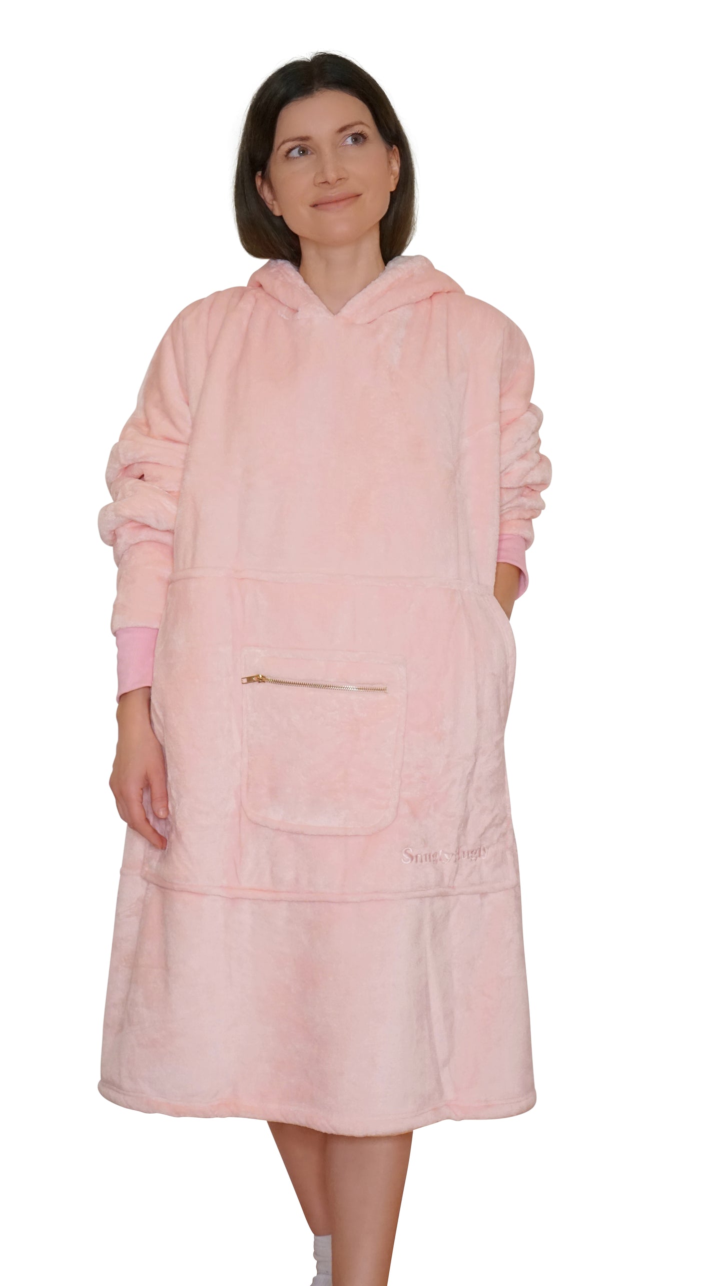 Moonlight Pink Wearable Hooded Blanket - Super Soft Flannel & Sherpa Fleece with Waterproof Lining & Zippered Pocket