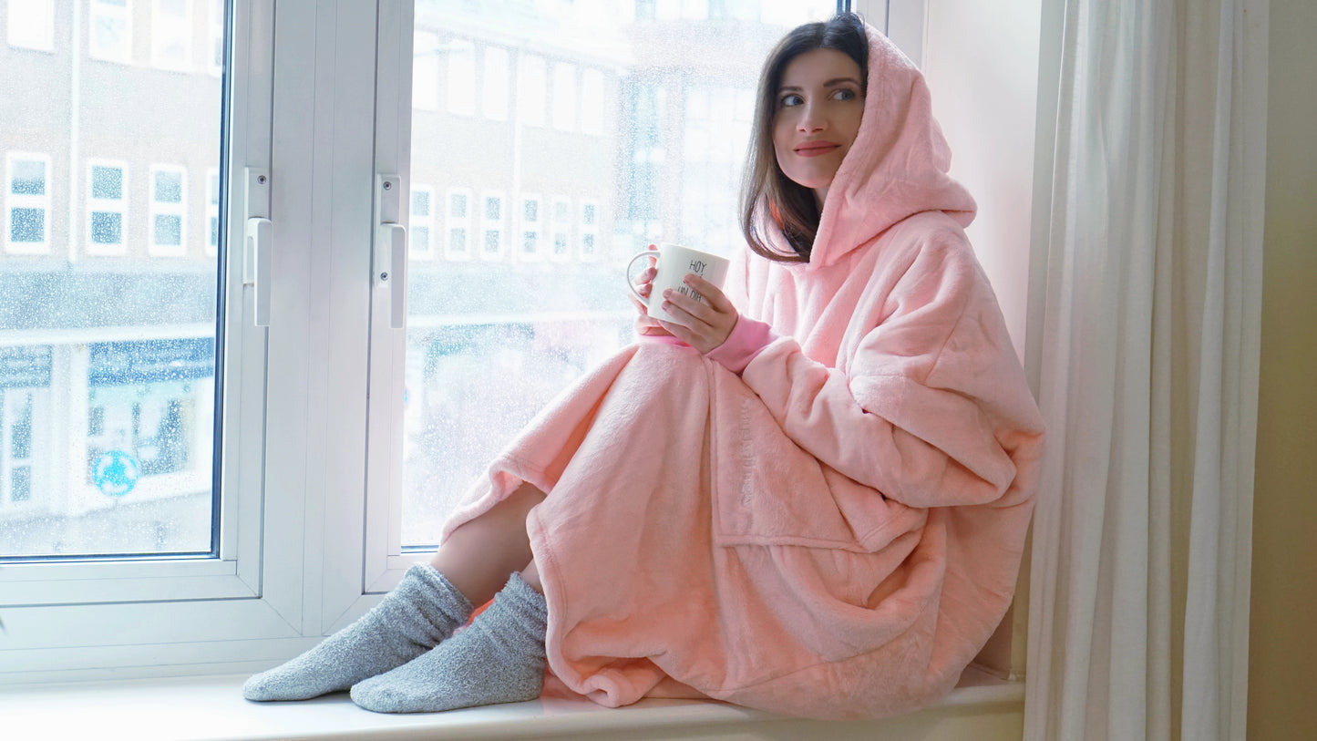Moonlight Pink Wearable Hooded Blanket - Super Soft Flannel & Sherpa Fleece with Waterproof Lining & Zippered Pocket
