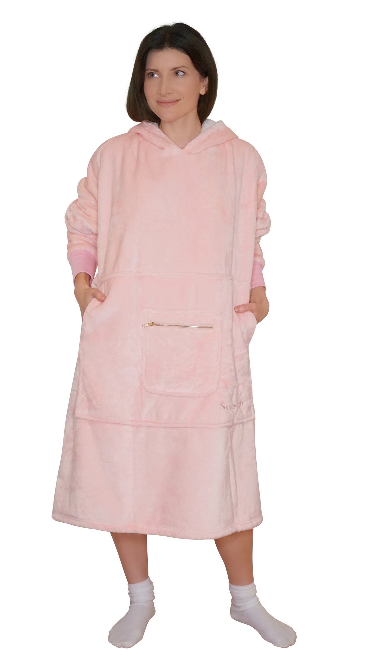 Moonlight Pink Wearable Hooded Blanket - Super Soft Flannel & Sherpa Fleece with Waterproof Lining & Zippered Pocket