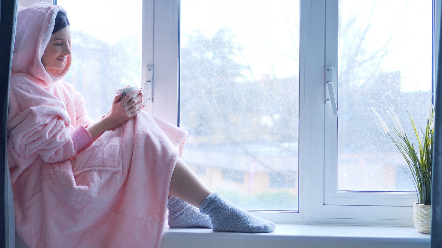 Moonlight Pink Wearable Hooded Blanket - Super Soft Flannel & Sherpa Fleece with Waterproof Lining & Zippered Pocket