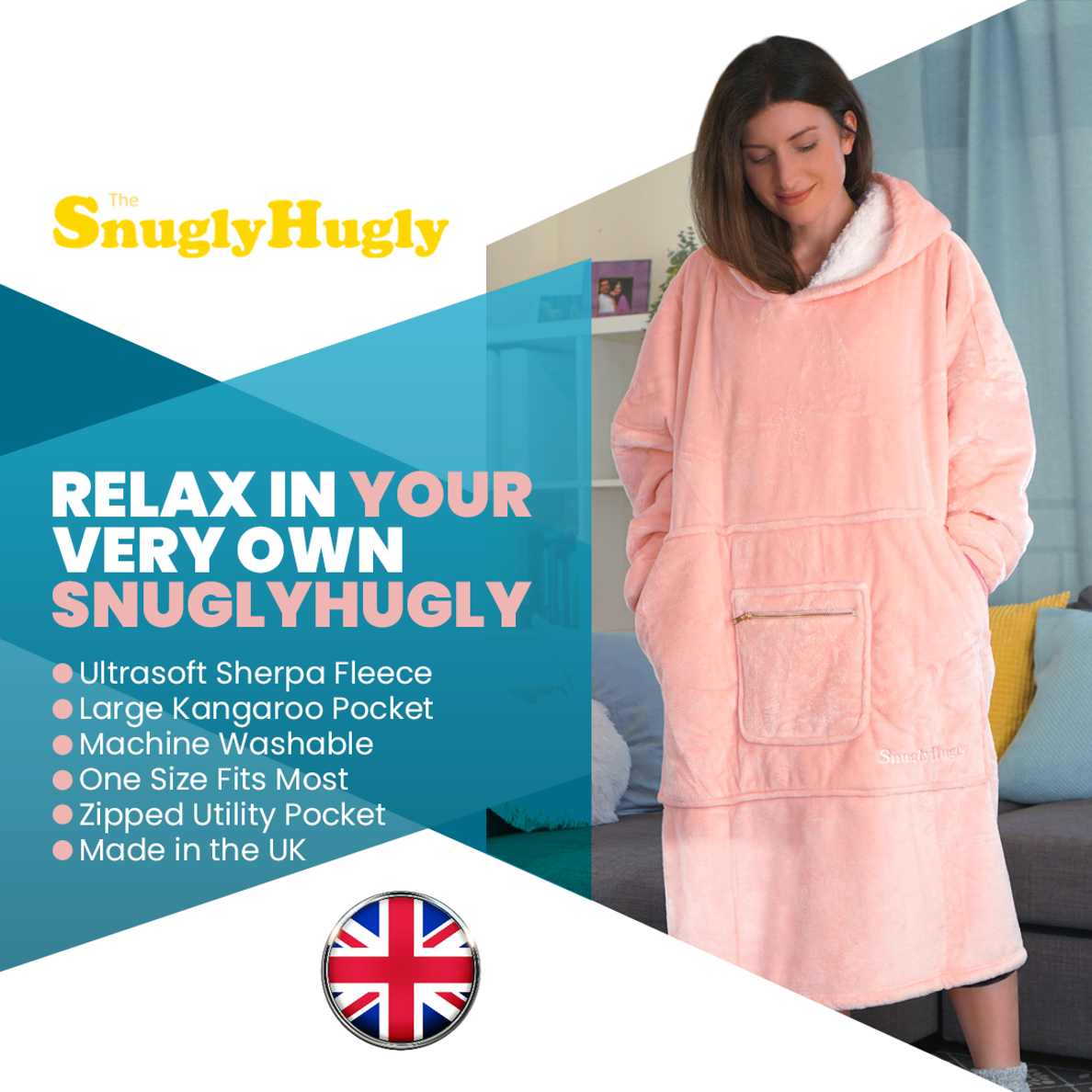 Moonlight Pink Wearable Hooded Blanket - Super Soft Flannel & Sherpa Fleece with Waterproof Lining & Zippered Pocket