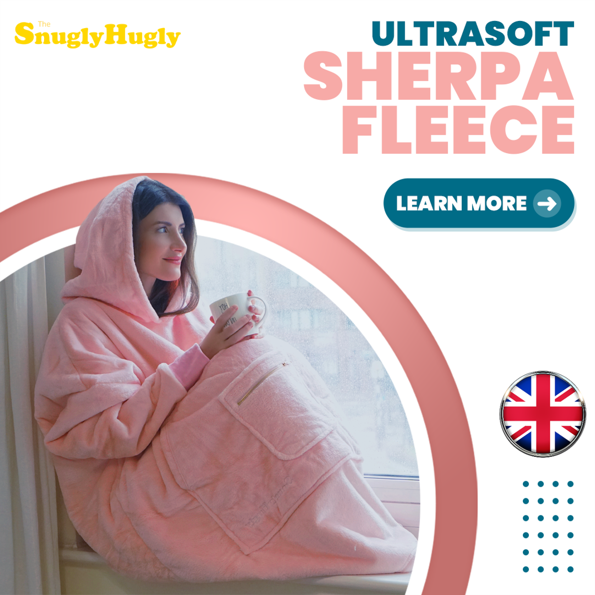 Moonlight Pink Wearable Hooded Blanket - Super Soft Flannel & Sherpa Fleece with Waterproof Lining & Zippered Pocket