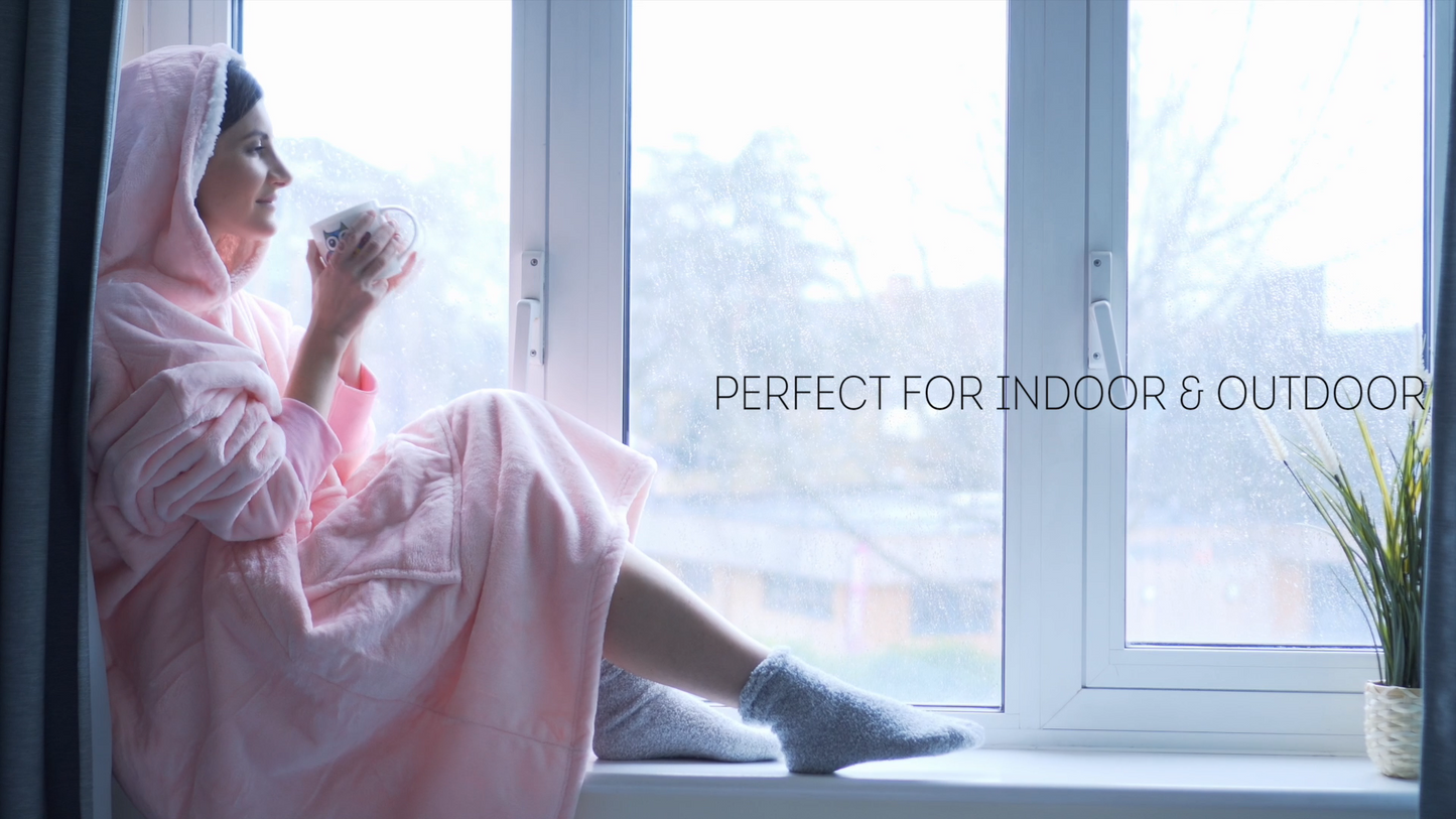 Moonlight Pink Wearable Hooded Blanket - Super Soft Flannel & Sherpa Fleece with Waterproof Lining & Zippered Pocket