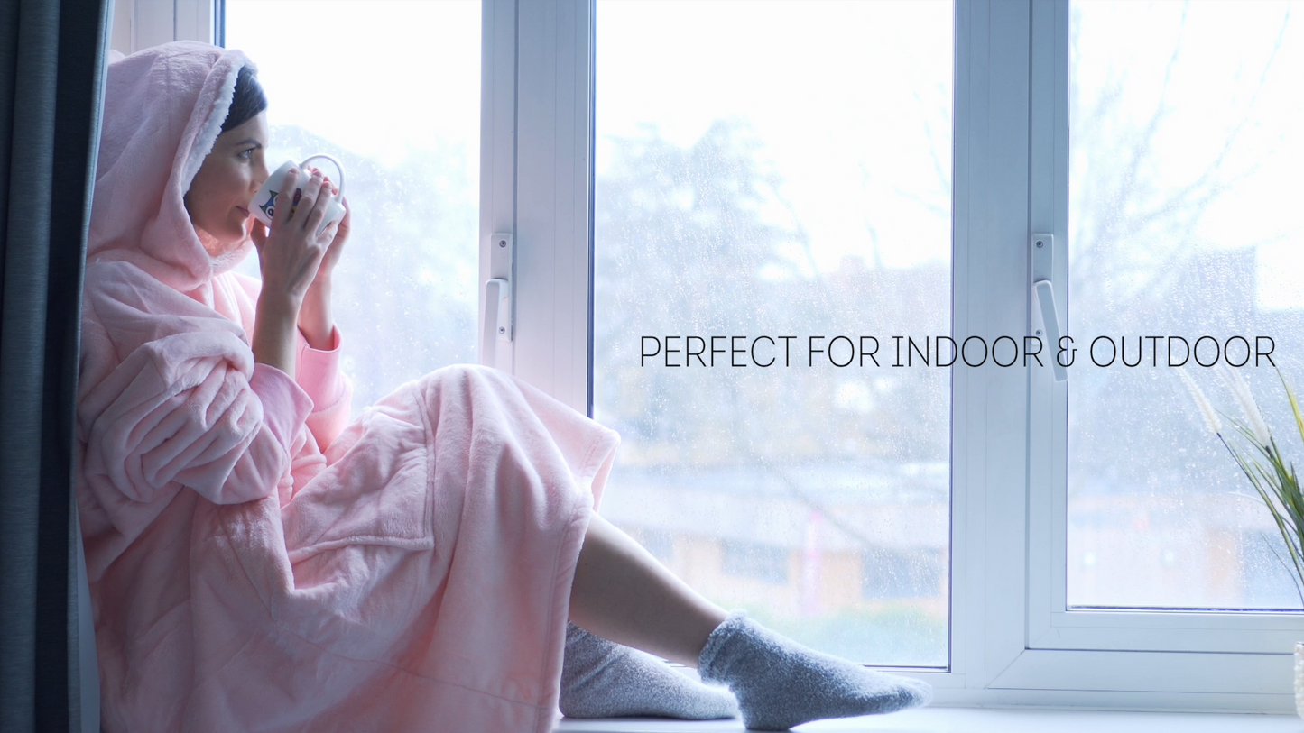 Moonlight Pink Wearable Hooded Blanket - Super Soft Flannel & Sherpa Fleece with Waterproof Lining & Zippered Pocket