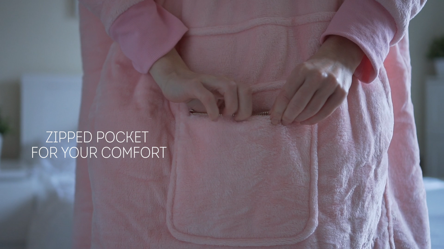 Moonlight Pink Wearable Hooded Blanket - Super Soft Flannel & Sherpa Fleece with Waterproof Lining & Zippered Pocket