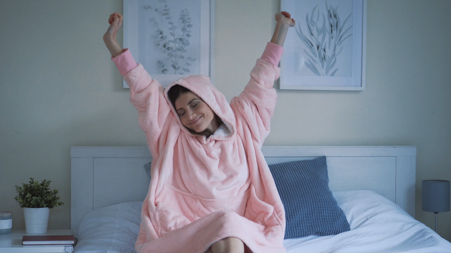 Moonlight Pink Wearable Hooded Blanket - Super Soft Flannel & Sherpa Fleece with Waterproof Lining & Zippered Pocket