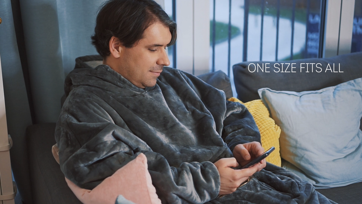 Moonlight Grey Wearable Hooded Blanket - Super Soft Flannel & Sherpa Fleece with Waterproof Lining & Zippered Pocket