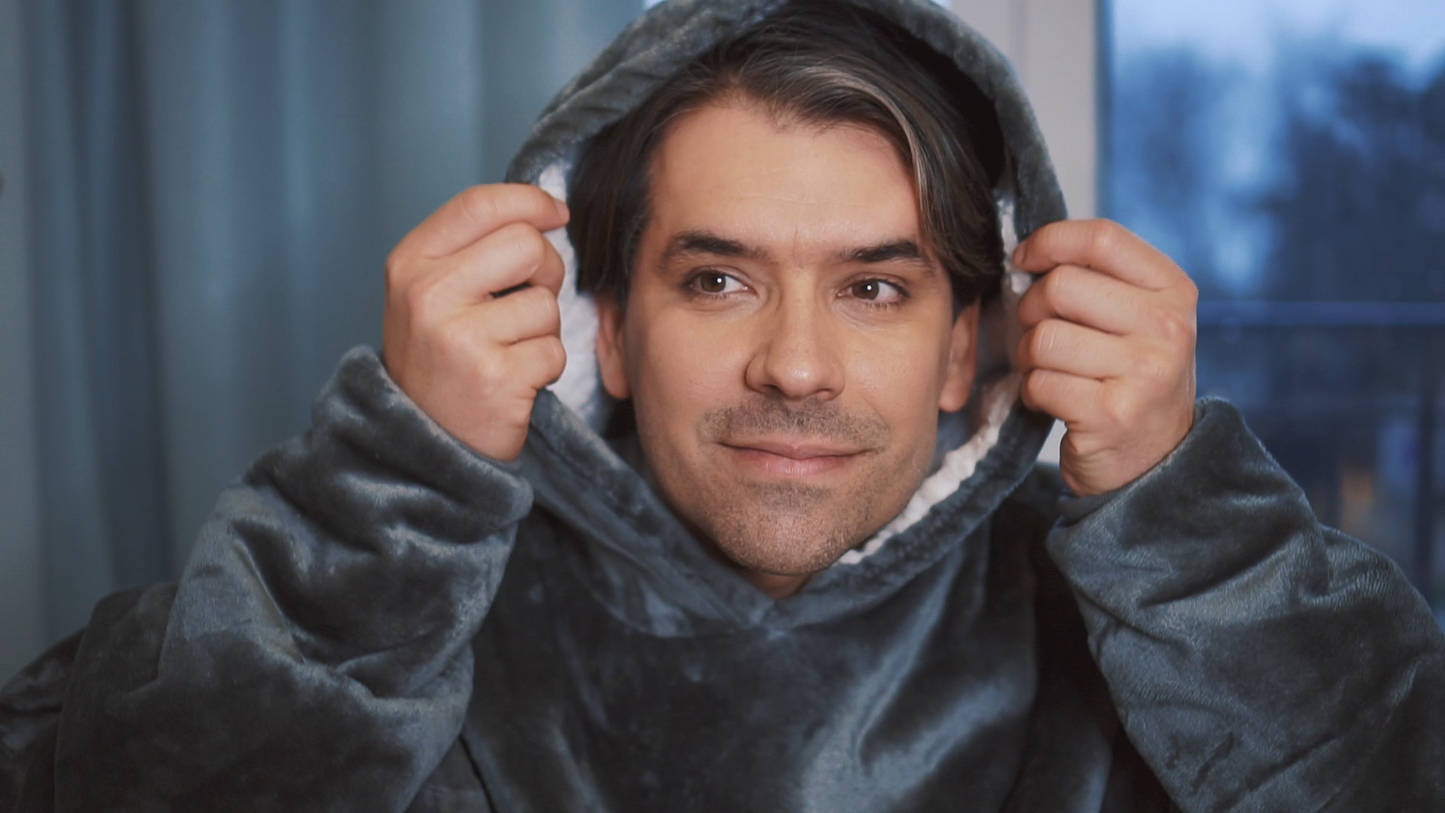 Moonlight Grey Wearable Hooded Blanket - Super Soft Flannel & Sherpa Fleece with Waterproof Lining & Zippered Pocket