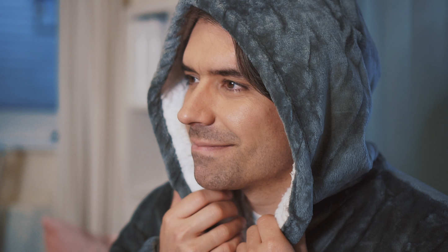 Moonlight Grey Wearable Hooded Blanket - Super Soft Flannel & Sherpa Fleece with Waterproof Lining & Zippered Pocket