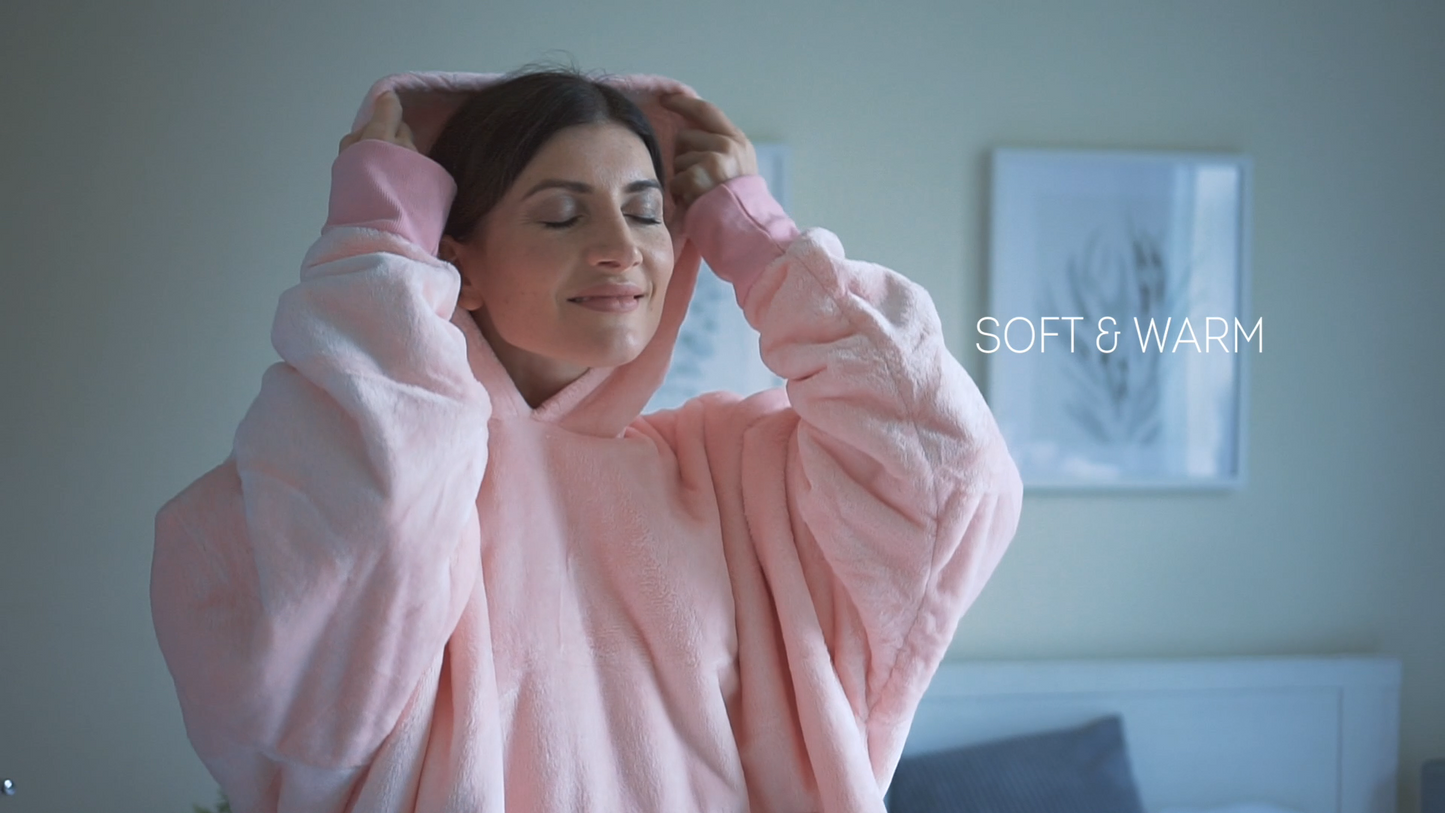 Moonlight Pink Wearable Hooded Blanket - Super Soft Flannel & Sherpa Fleece with Waterproof Lining & Zippered Pocket