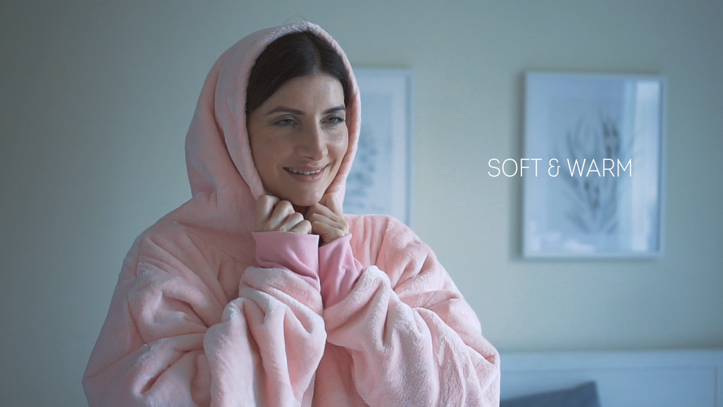 Moonlight Pink Wearable Hooded Blanket - Super Soft Flannel & Sherpa Fleece with Waterproof Lining & Zippered Pocket