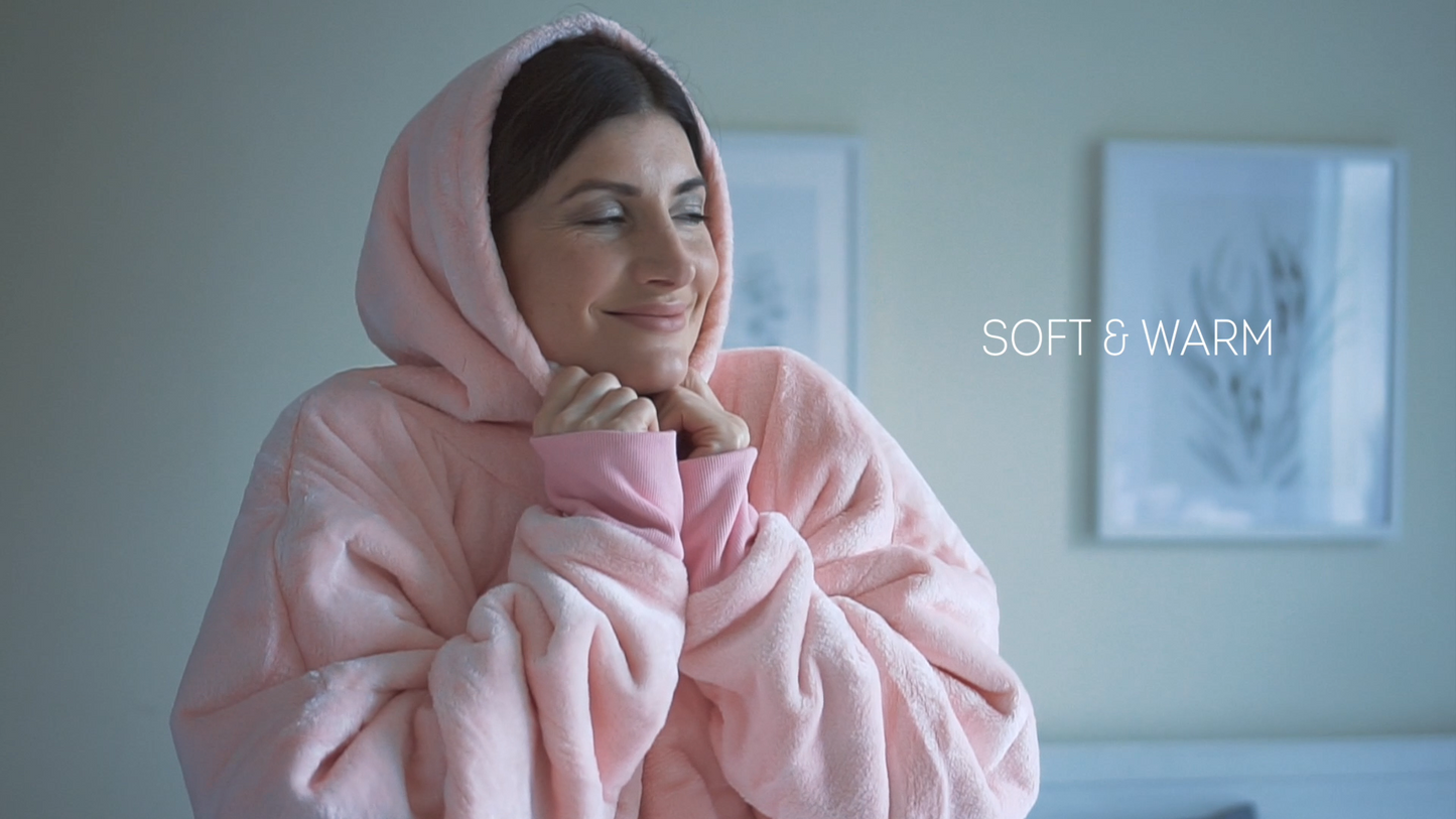 Moonlight Pink Wearable Hooded Blanket - Super Soft Flannel & Sherpa Fleece with Waterproof Lining & Zippered Pocket