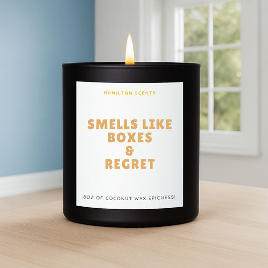 Smells Like Boxes & Regret Candle – Funny New Home Gift, Housewarming, Moving